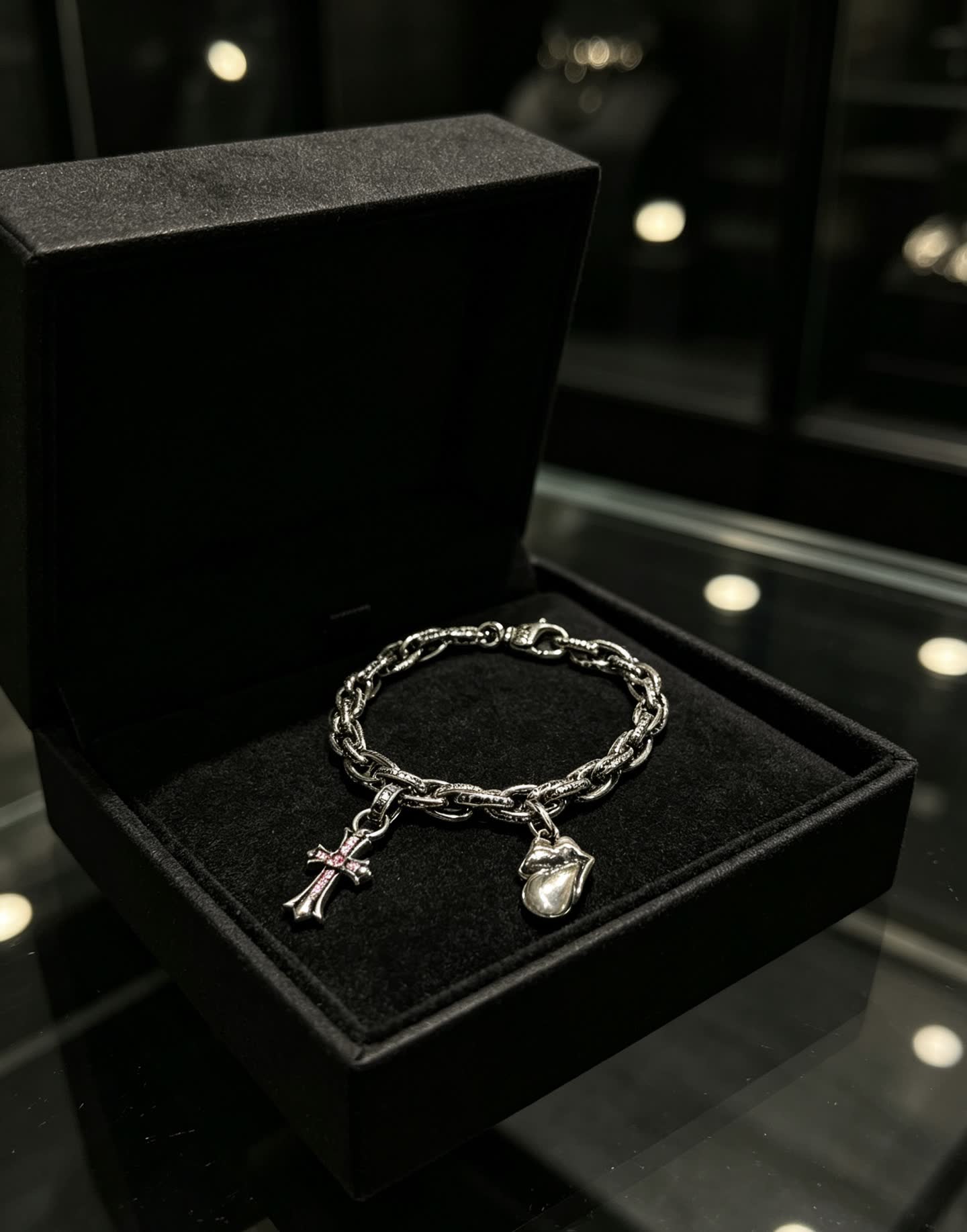 Chrome Hearts Silver Cross Charm Bracelet with Pearl Pendant